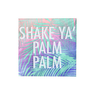 On a colorful palm leaf background, "SHAKE YA' PALM PALM" text appears, highlighting the vibrant ombre colors of Jollity & Co's Shake Ya Palm Cocktail Napkins, enhanced with exquisite rose gold details.