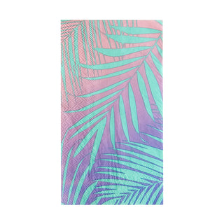 Part of Jollity & Co's Shake Ya Palm Guest Napkins collection, this napkin features abstract teal and pink palm fronds on a textured surface with elegant rose gold details.