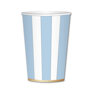 A Sky Blue Cabana Stripe Cup by Bonjour Fête with vertical sky blue cabana stripes and a gold band around the base, crafted from eco-conscious materials.