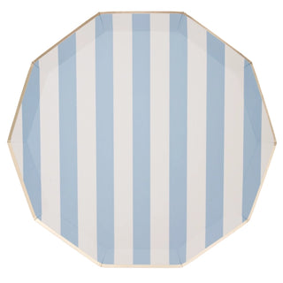 An octagonal Sky Blue Signature Cabana Stripe paper plate made from eco-conscious materials, with a simple and elegant design for casual dining or themed events, viewed from above. Brand: Bonjour Fête.