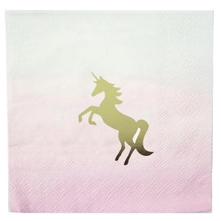 A pink-and-white gradient unicorn napkin with a gold silhouette of a unicorn in the center, Talking Tables Small Unicorn Napkins are perfect for any kids party or collection of unicorn party supplies.