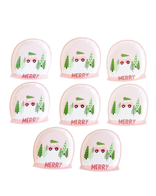 Six My Mind's Eye snowglobe shaped paper plates with Santa Claus on them make a festive addition to any holiday table.