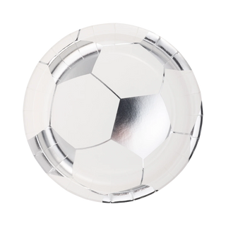 A Soccer Ball Plate from My Mind's Eye, featuring a silver and white design with a shiny surface, is perfect for soccer fans and is displayed against a plain background.