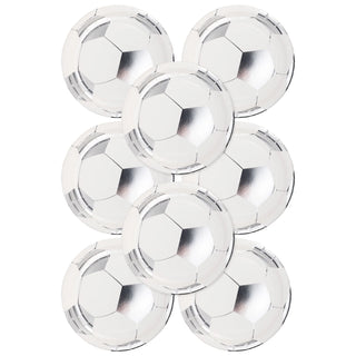 Eight My Mind’s Eye Soccer Ball Plates are arranged in three rows, perfect for a soccer-themed party.