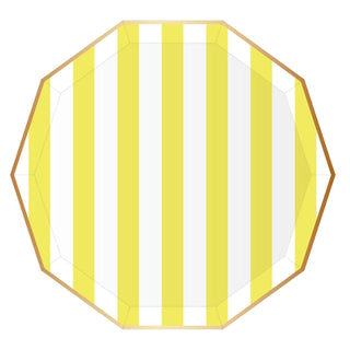 Soleil Yellow Cabana Signature Stripe Plates with a wide stripe pattern of alternating vertical yellow and white stripes, crafted from eco-conscious materials by Bonjour Fête.