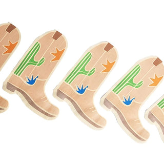 Four brown cowboy boot-shaped paper cutouts with green cactus and orange star designs are arranged in a row on a white background, making the Snake Catcher Napkins from Pop! Party Supplies perfect for adding a touch of Western party flair.