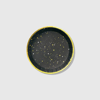 A sturdy Starry Night Small Plate in black and yellow with celestial stars from Coterie Party Supplies.