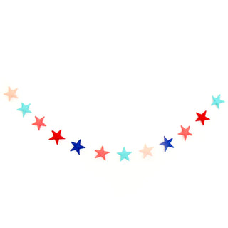A colorful Stars Patriotic Felt Garland by kailo chic hanging on a white background, perfect for Independence day decor.