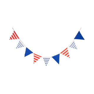 A festive My Mind's Eye Stars and Stripes Outdoor Banner with a series of nylon pennant flags in a red, white, and blue color scheme, featuring stripes and stars, suggestive of American patriotism, against a clean