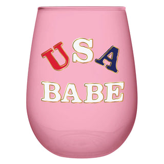 USA Babe Stemless Wine GlassShow off your patriotic side with the USA Babe Stemless Wine Glass! Perfect for 4th of July celebrations, this glass proudly displays your love for America. Cheers tSlant