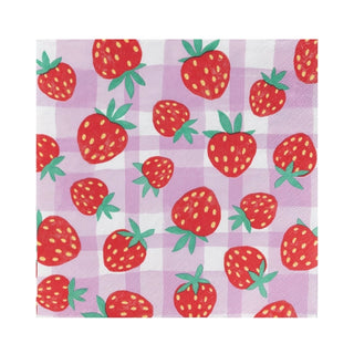 Strawberry Gingham Paper Napkins by Talking Tables with a checkered lavender background featuring a pattern of red strawberries with green leaves, perfect for picnics in the park and made from 100% recyclable materials.