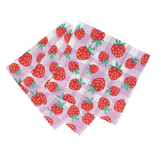 Three pink and white checkered napkins with a strawberry pattern, perfect for picnics in the park, arranged in an overlapping manner. These Strawberry Gingham Paper Napkins from Talking Tables are 100% recyclable.