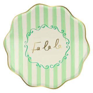 A green and white Striped Dinner Plate with the word "faola" on it, featuring vintage inspired designs by Meri Meri.