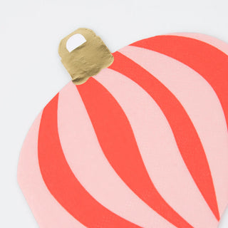 Close-up of the Striped Ornament Napkins by Meri Meri, featuring a design that resembles a decorative hot air balloon with red and pink stripes and gold foil details on top, against a white background.