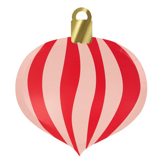 A product from Meri Meri, the Striped Ornament Plates, showcases elegant gold foil details with a design that resembles a red and white striped Christmas ornament.