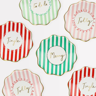 Striped Side PlatesFa la la, 'tis the season to be jolly and merry. These vintage inspired designs, with fun messages, will instantly add style to your celebrations over the holidays. Meri Meri