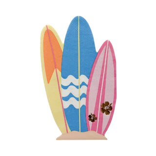 Illustration of Daydream Society's Surf's Up Guest Napkins, depicting three surfboards on the sand with vibrant orange, blue, and pink hues adorned with floral and wave patterns, capturing the essence of beachside surf culture.