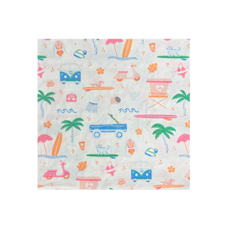 The Surf's Up Large Napkins by Daydream Society are adorned with vibrant images of palm trees, beach umbrellas, scooters, a camera, and sunglasses, capturing the quintessential beachside surf culture and perfect summer vacation vibe.