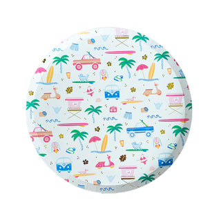 The Surf's Up Large Plates by Daydream Society are round paper plates featuring vibrant beach-themed illustrations, complete with cars, palm trees, surfboards, and sunglasses that perfectly capture the essence of beachside surf culture.