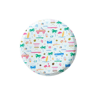 From the Surf's Up Collection by Daydream Society, the Surf's Up Small Plates feature a lively design of palm trees, surfboards, and vehicles on a light background, perfectly encapsulating beachside surf culture.