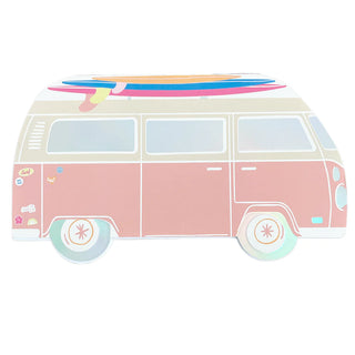 Colorful illustration of a pink van topped with a surfboard, perfectly capturing the laid-back essence of beachside surf culture. Introducing the Daydream Society's Surf's Up Surf Van Large Plates!