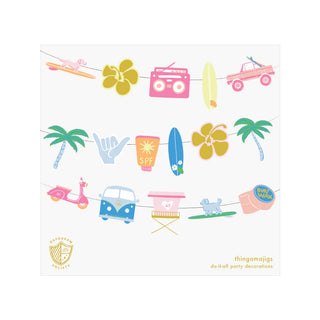 The Surf's Up Banner from Daydream Society showcases colorful party decorations, including surfboards, palm trees, vans, boomboxes, and hibiscus flowers. Perfectly encapsulating vibrant beachside surf culture, these lively designs are beautifully displayed on a white background.