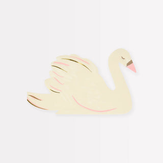 Sentence with product replaced: Meri Meri's Swan Shaped Napkins on a white background with gold foil accents.