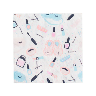 A playful and colorful fabric pattern featuring illustrations of makeup items, cute bunny ears, and serene sleeping eye masks on a soft pastel background, perfect for Daydream Society Sweet Dreams Large Napkins slumber party printed napkins.