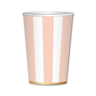 A Sweet Peach Cabana Stripe Cups with vertical beige and white stripes, featuring a thin gold strip around the base, made from eco-conscious materials by Bonjour Fête. Perfect for party cups!