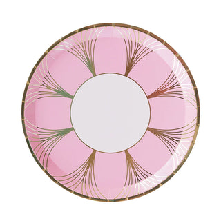 The Gatz Pink Dinner Plates by Jollity & Co showcase gold accents in a floral pattern around the rim, perfectly embodying the opulence of the roaring '20s.