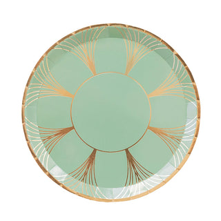 The Gatz Sage Green Dinner Plates by Jollity & Co showcase a green surface embellished with a gold geometric pattern along the rim, capturing the elegance of the collection.