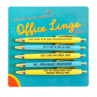 A set of five pens labeled "The Very Passive Aggressive Office Lingo Pen Set" from Fun Club, featuring phrases such as "There seems to be some miscommunication" and "Let's put a pin in this," perfect for delivering that HR-approved burn with a touch of office lingo.