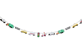 The Merrilulu Transportation Garland, ideal for a transportation-themed birthday, features 14 decorative pennants exhibiting a variety of vehicles and traffic signs, including cars, trucks, a taxi, a police car, and traffic lights—all elegantly strung together.