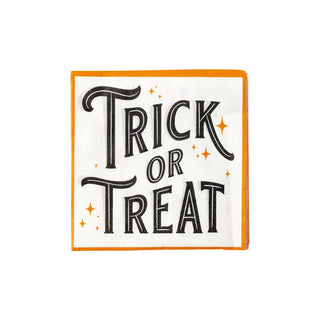 The Trick or Treat Cocktail Napkin by My Mind’s Eye features the phrase "Trick or Treat" printed in black letters, surrounded by small orange stars and an orange border. Perfect for your Halloween party, these napkins add a festive touch to any spooky celebration.