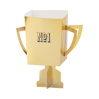 A My Mind’s Eye Trophy Treat Cups with the inscription "No.1," featuring a modern, blocky design with two handles and a rectangular top, perfect for any car-themed birthday party enthusiasts.