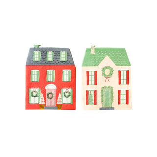 Add a playful charm to your festive holiday table with the Village Christmas Houses Shaped Paper Dinner Napkin Set by My Mind’s Eye. The set features two illustrated house designs: one in red with a wreath on the door, and another in beige with a green roof and shutters, also adorned with a wreath. These charming house-shaped napkins are perfect for creating a whimsical touch to your holiday decor.