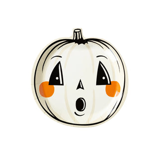 A My Mind's Eye Vintage Halloween Trio Pumpkin Shaped Paper Plate Set with a jack o' lantern face.