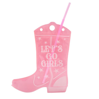 The NPW Western Boot Shaped Drink Pouch, in pink and emblazoned with "LET'S GO GIRLS" in white text, comes complete with a pink straw inserted at the top—making it an essential accessory for any cowgirl bachelorette party.