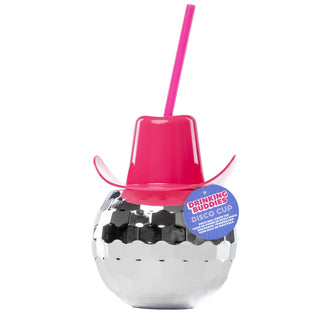 A metallic disco ball-shaped cup with a pink cowboy hat lid and straw, branded by NPW. The label reads "Western Disco Cup" with product details—perfect for groovy hydration at your next bachelorette party.