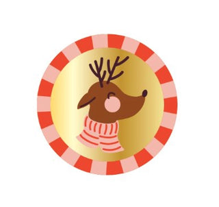 A whimsical reindeer illustration with a red scarf surrounded by a circular red and gold border, designed perfectly for Paper Source's Whimsical Reindeer Small Christmas Plates.