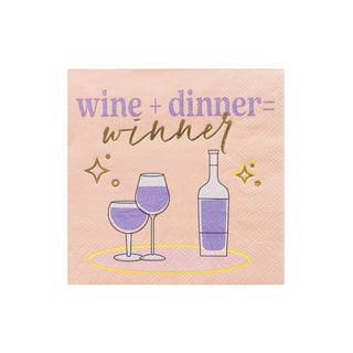 A whimsical illustration on Witty Cocktail Napkins - Wine + Dinner = Winner by Jollity & Co, showcasing the equation "wine + dinner = winner," featuring two stylized wine glasses, a bottle, and playful sparkles, evoking a cozy vibe.