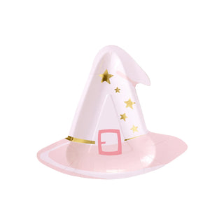 The Witch Hat Shaped Plate from My Mind’s Eye features a pink design with gold stars and a pink buckle on a white background, making it perfect for spooky celebrations or Halloween parties.