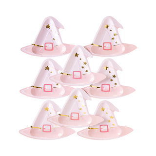 Image shows eight Witch Hat Shaped Plates by My Mind’s Eye in light pink, adorned with gold star accents and a pink belt buckle design around the base—perfect for adding a touch of charm to Halloween parties and spooky celebrations.