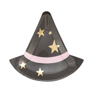 A perfect addition to your Halloween party, the Witch's Hat Shaped Plate by My Mind’s Eye features a stylish design with a pink band and gold star accents.