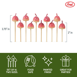 Introducing the Mushroom Birthday Candles by Fred and Friends, a set of 10 delightful mushroom-shaped cocktail picks featuring a painted finish. Measuring 2.75 inches and 2 inches, these festive picks are food safe and perfect for enhancing any celebratory moments such as parties or gatherings.