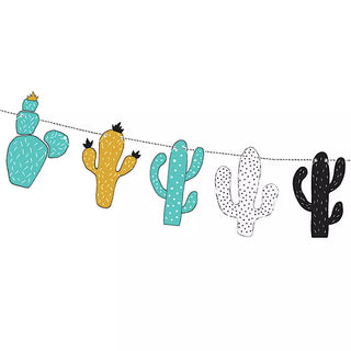 A string garland featuring five paper cutouts of different cactus varieties in various colors, ideal for themed parties and perfect as festive party decorations. Introducing the Cacti Garland from Party Deco.