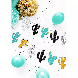 Colorful cacti-themed party decorations, including a vibrant Cacti Garland by Party Deco and turquoise balloons, set against a white background with confetti.