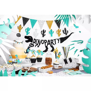 Dinosaur-themed party setup featuring decorative banners, cactus cutouts, and dinosaur images. The table displays cupcakes, pretzels, and other snacks with coordinating plates and napkins. Enhance your themed parties with a unique touch by adding a vibrant Cacti Garland by Party Deco to your party decorations.