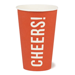 An eco-friendly Cheers Red Paper Cup by Talking Tables with the word "CHEERS!" printed vertically in white letters.