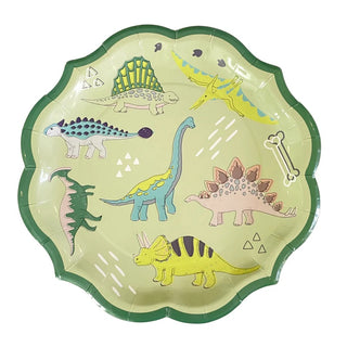 A round, scalloped-edge, green Dinosaur Dinner Plate by Sophistiplate decorated with colorful cartoon dinosaurs, including a Stegosaurus, Brachiosaurus, Triceratops, and Pterodactyl. Perfect for dinosaur lovers or to add charm to a dinosaur-themed birthday party with its delightful patterns and shapes.